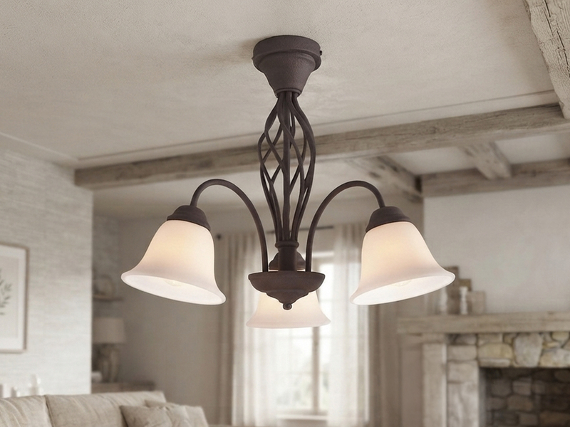 Deckenleuchte 3-flammig Rostoptik mit Glasschirmen Weiß & E14 LEDs Ø 55cm