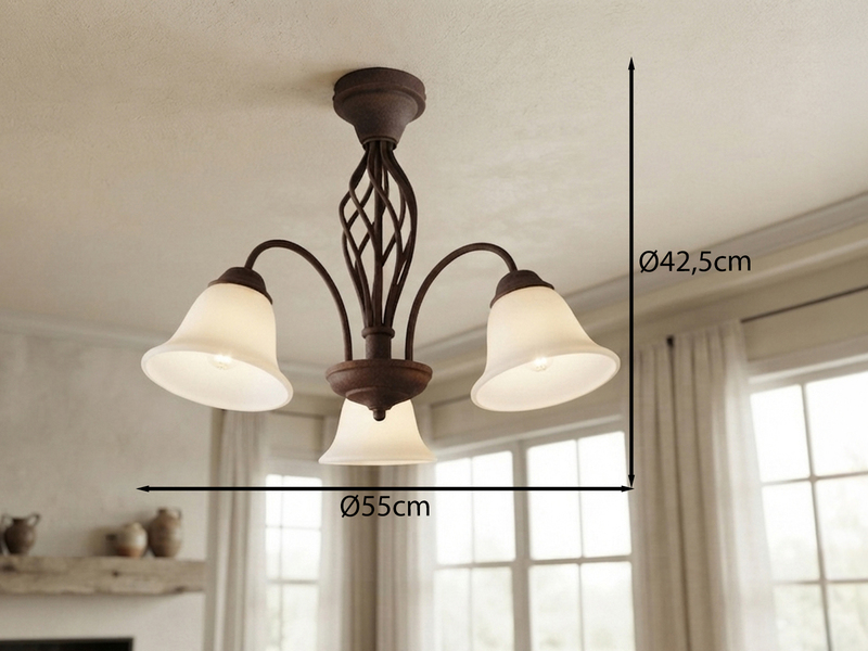 Deckenleuchte 3-flammig Rostoptik mit Glasschirmen Weiß & E14 LEDs Ø 55cm