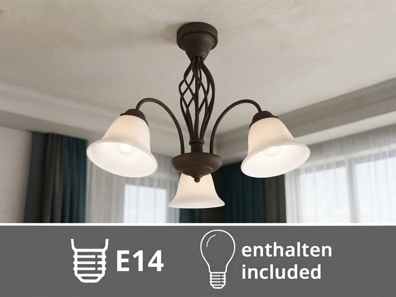 Deckenleuchte 3-flammig Rostoptik mit Glasschirmen Weiß & E14 LEDs Ø 55cm