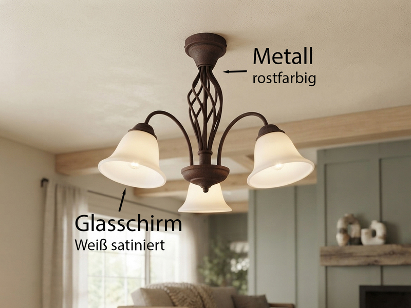 Deckenleuchte 3-flammig Rostoptik mit Glasschirmen Weiß & E14 LEDs Ø 55cm