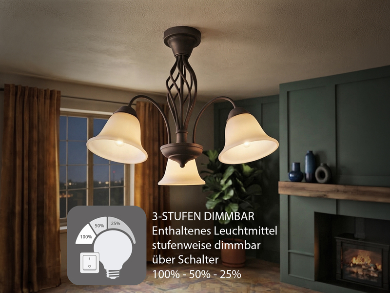 Deckenleuchte 3-flammig Rostoptik mit Glasschirmen Weiß & E14 LEDs Ø 55cm
