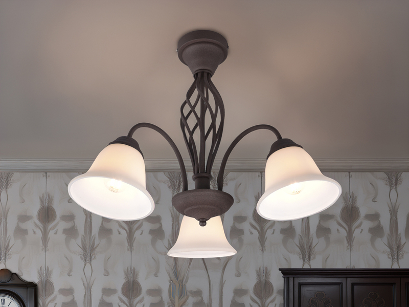 Deckenleuchte 3-flammig Rostoptik mit Glasschirmen Weiß & E14 LEDs Ø 55cm