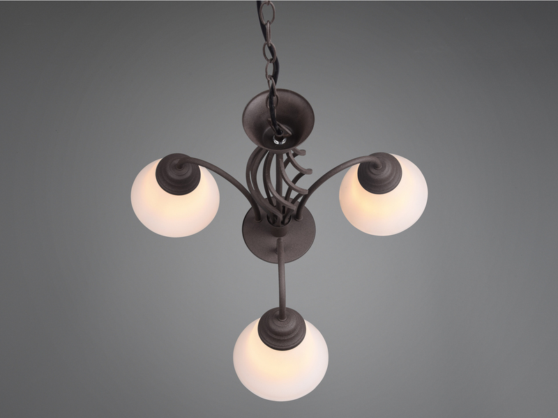 Pendelleuchte 3-flammig in Rostoptik, Glasschirme Weiß mit E14 LED, Ø 55cm