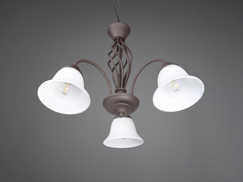 Pendelleuchte 3-flammig in Rostoptik, Glasschirme Weiß mit E14 LED, Ø 55cm
