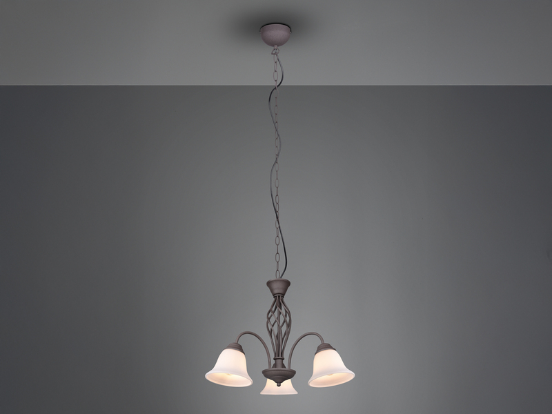 Pendelleuchte 3-flammig in Rostoptik, Glasschirme Weiß mit E14 LED, Ø 55cm