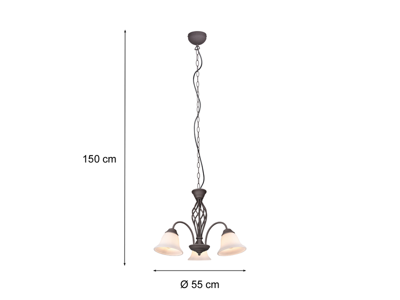 3-flammige LED Pendelleuchte Ø 55cm in Rostoptik mit Glasschirmen