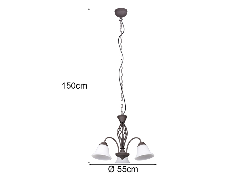 Pendelleuchte 3-flammig in Rostoptik, Glasschirme Weiß mit E14 LED, Ø 55cm