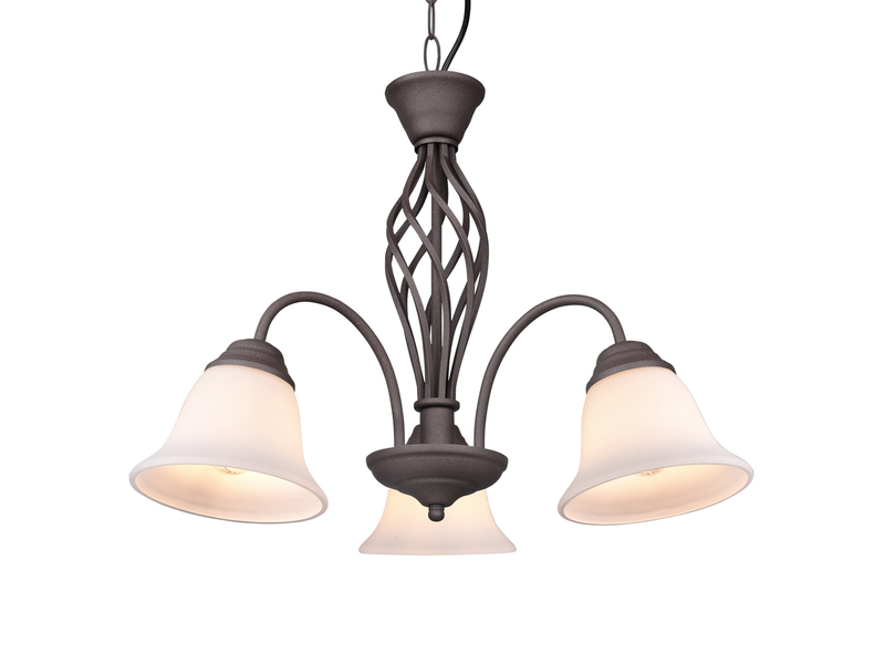Pendelleuchte 3-flammig in Rostoptik, Glasschirme Weiß mit E14 LED, Ø 55cm