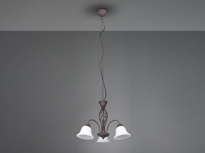 Pendelleuchte 3-flammig in Rostoptik, Glasschirme Weiß mit E14 LED, Ø 55cm