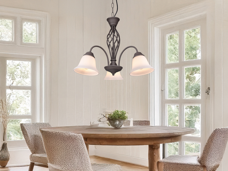 Pendelleuchte 3-flammig in Rostoptik, Glasschirme Weiß mit E14 LED, Ø 55cm