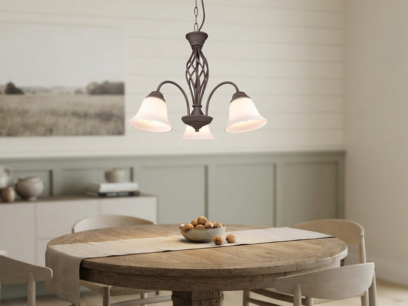 Pendelleuchte 3-flammig in Rostoptik, Glasschirme Weiß mit E14 LED, Ø 55cm