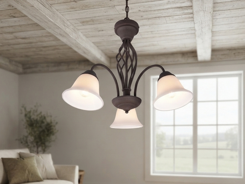 Pendelleuchte 3-flammig in Rostoptik, Glasschirme Weiß mit E14 LED, Ø 55cm