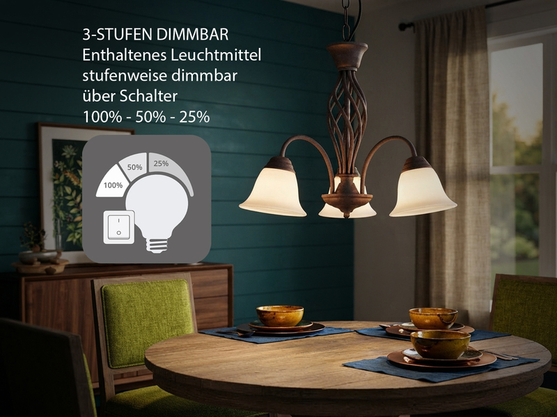 Pendelleuchte 3-flammig in Rostoptik, Glasschirme Weiß mit E14 LED, Ø 55cm