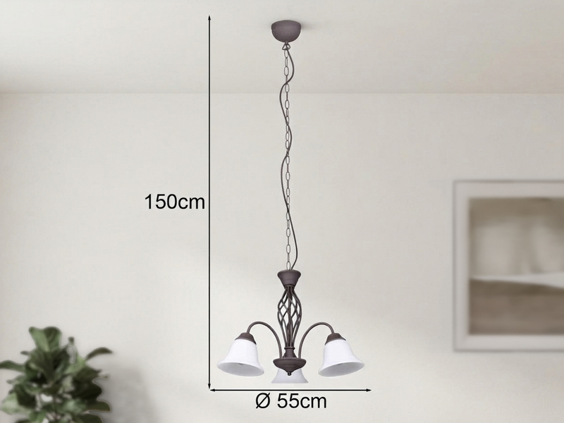 Pendelleuchte 3-flammig in Rostoptik, Glasschirme Weiß mit E14 LED, Ø 55cm