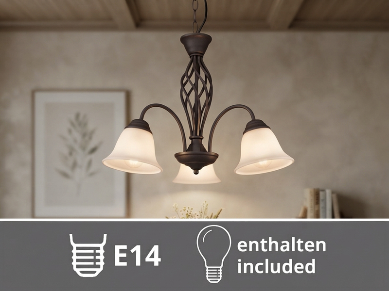 Pendelleuchte 3-flammig in Rostoptik, Glasschirme Weiß mit E14 LED, Ø 55cm