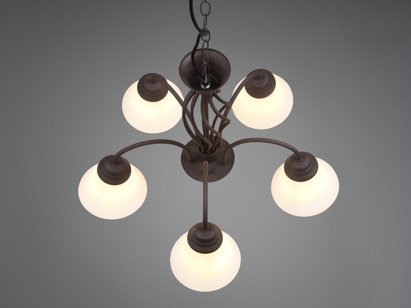 Pendelleuchte 5-flammig in Rostoptik, Glasschirme Weiß mit E14 LED, Ø 60cm