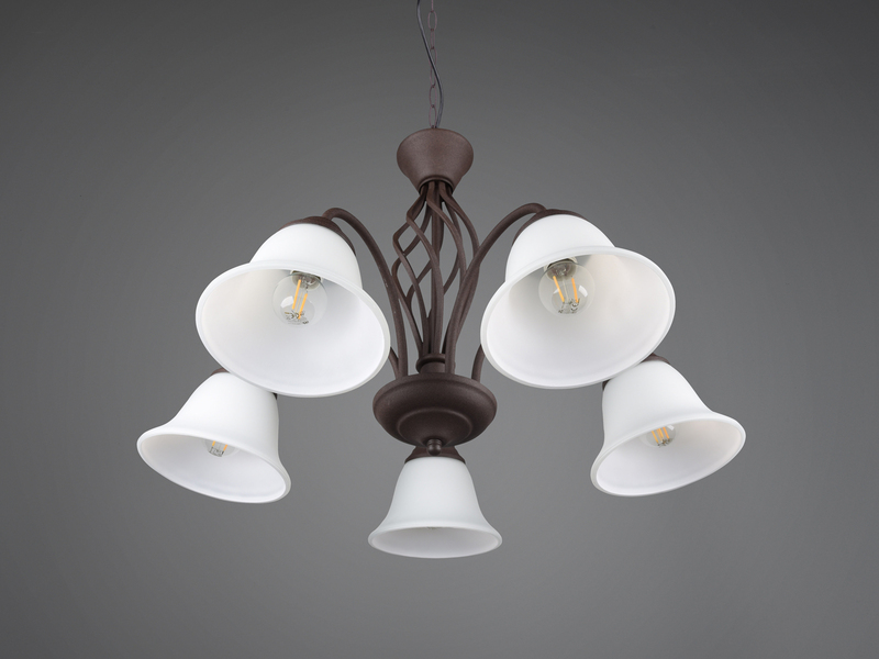 Pendelleuchte 5-flammig in Rostoptik, Glasschirme Weiß mit E14 LED, Ø 60cm