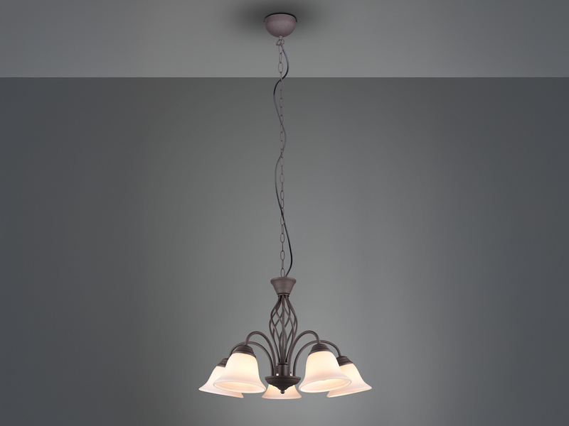 Pendelleuchte 5-flammig in Rostoptik, Glasschirme Weiß mit E14 LED, Ø 60cm