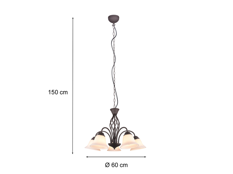 5-flammige LED Pendelleuchte Ø 60cm in Rostoptik mit Glasschirmen