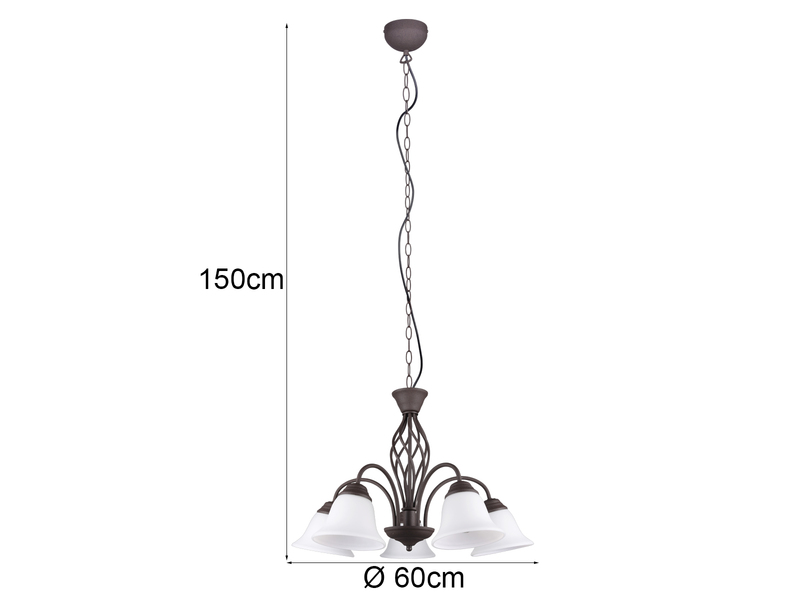 Pendelleuchte 5-flammig in Rostoptik, Glasschirme Weiß mit E14 LED, Ø 60cm
