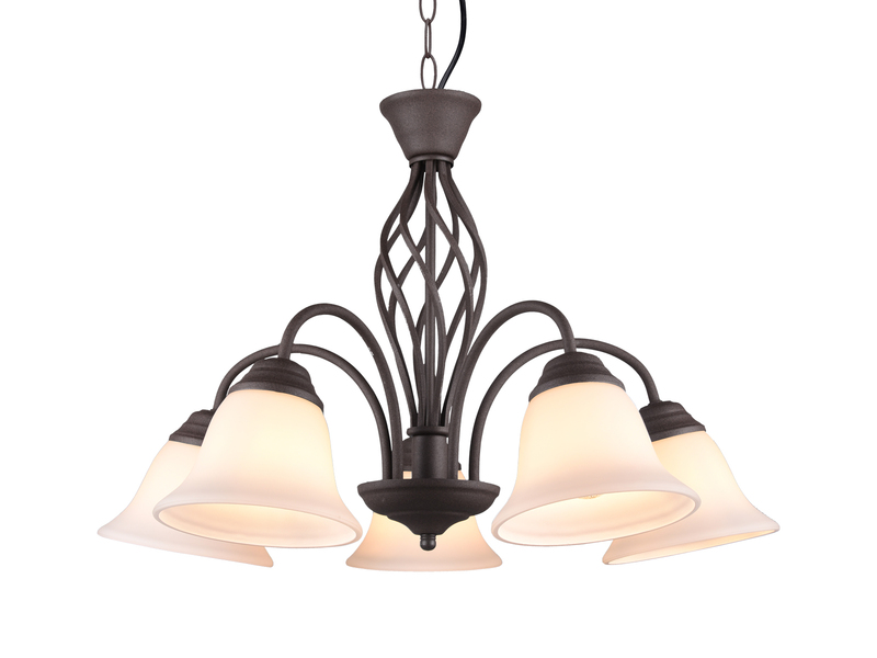 Pendelleuchte 5-flammig in Rostoptik, Glasschirme Weiß mit E14 LED, Ø 60cm