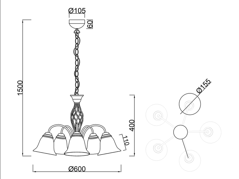 5-flammige LED Pendelleuchte Ø 60cm in Rostoptik mit Glasschirmen