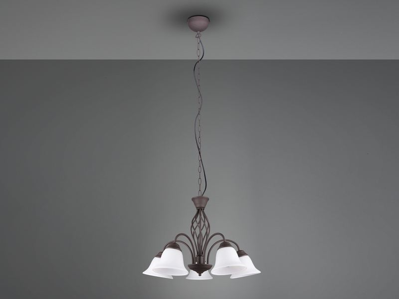 LED Pendelleuchte 5-flammig in Rostoptik mit Glasschirmen, Ø 60cm