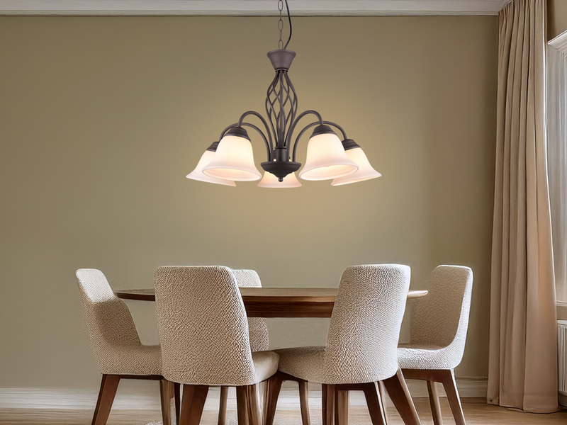Pendelleuchte 5-flammig in Rostoptik, Glasschirme Weiß mit E14 LED, Ø 60cm