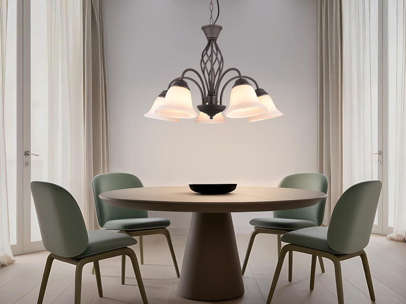 Pendelleuchte 5-flammig in Rostoptik, Glasschirme Weiß mit E14 LED, Ø 60cm