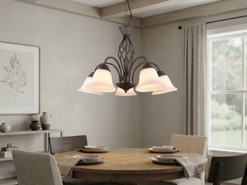 Pendelleuchte 5-flammig in Rostoptik, Glasschirme Weiß mit E14 LED, Ø 60cm