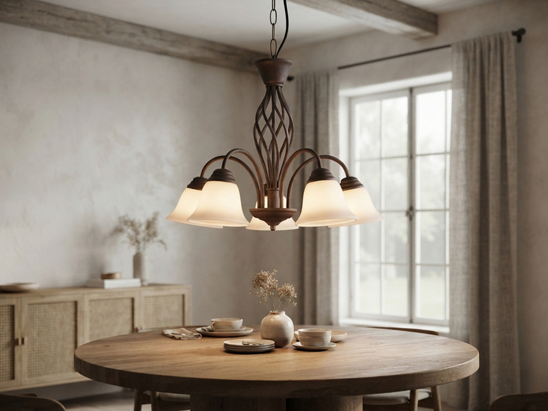 Pendelleuchte 5-flammig in Rostoptik, Glasschirme Weiß mit E14 LED, Ø 60cm
