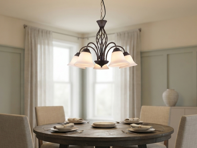 Pendelleuchte 5-flammig in Rostoptik, Glasschirme Weiß mit E14 LED, Ø 60cm