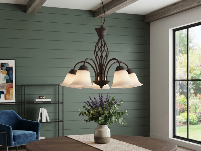 Pendelleuchte 5-flammig in Rostoptik, Glasschirme Weiß mit E14 LED, Ø 60cm