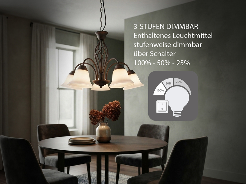 Pendelleuchte 5-flammig in Rostoptik, Glasschirme Weiß mit E14 LED, Ø 60cm