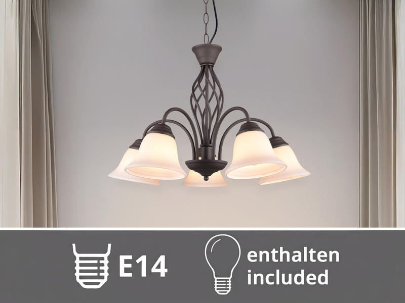 Pendelleuchte 5-flammig in Rostoptik, Glasschirme Weiß mit E14 LED, Ø 60cm