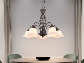 Pendelleuchte 5-flammig in Rostoptik, Glasschirme Weiß mit E14 LED, Ø 60cm