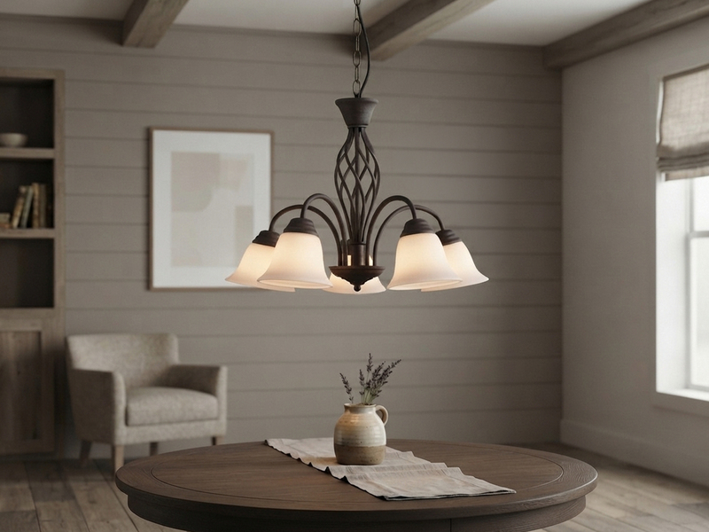 Pendelleuchte 5-flammig in Rostoptik, Glasschirme Weiß mit E14 LED, Ø 60cm