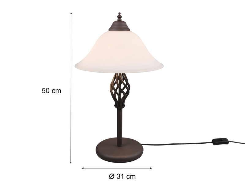 Große Tischleuchte im Landhausstil Rostoptik mit Glasschirm & E14 LED, Höhe 50cm