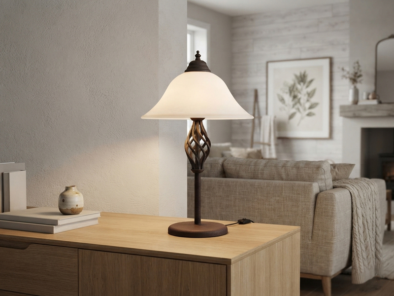 Große Tischleuchte im Landhausstil Rostoptik mit Glasschirm & E14 LED, Höhe 50cm