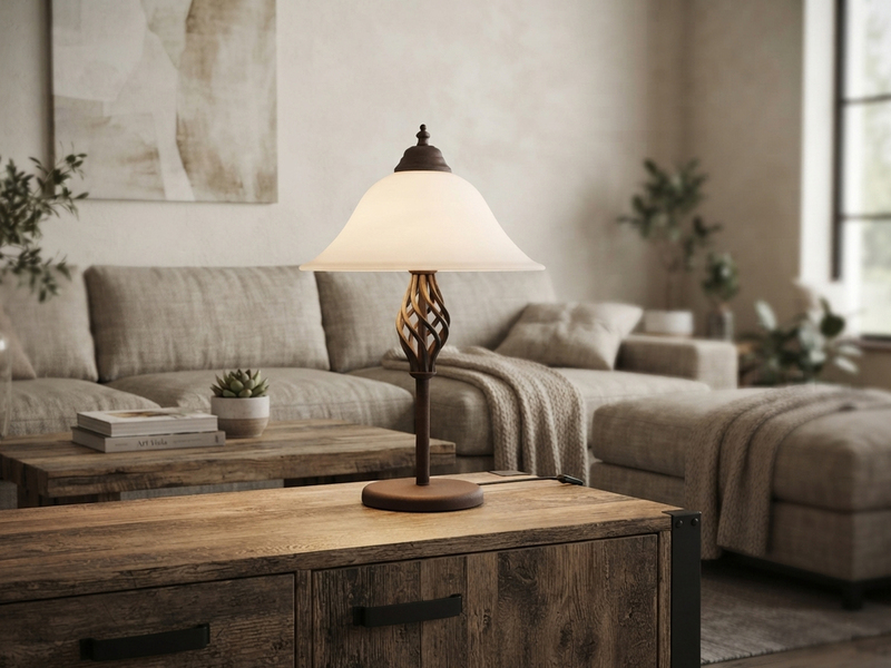 Große Tischleuchte im Landhausstil Rostoptik mit Glasschirm & E14 LED, Höhe 50cm