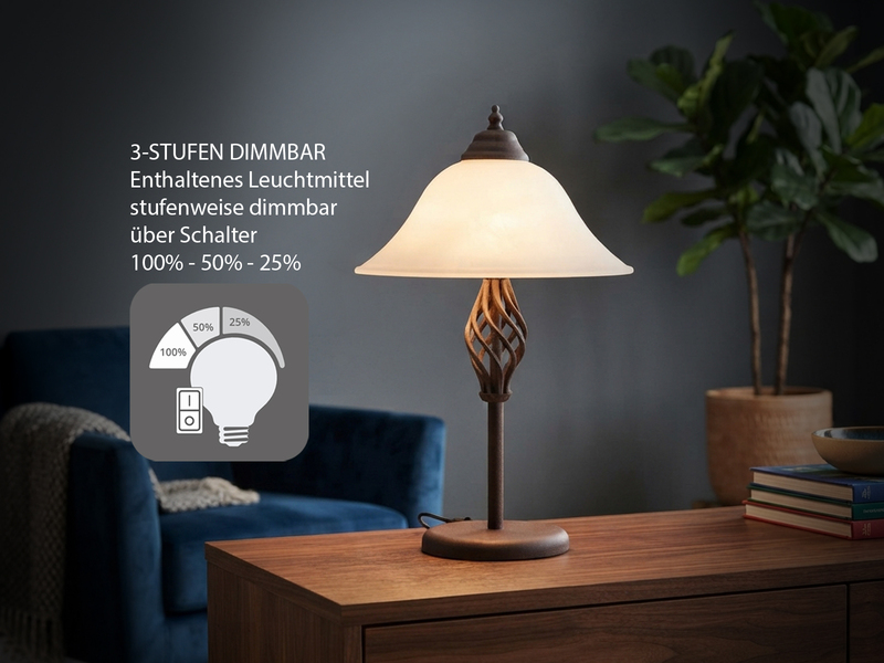 Große Tischleuchte im Landhausstil Rostoptik mit Glasschirm & E14 LED, Höhe 50cm