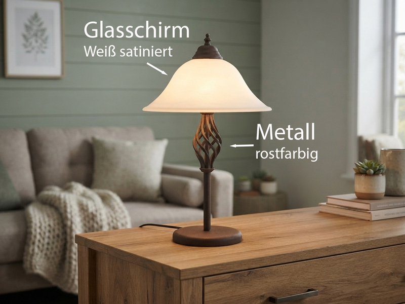 Große Tischleuchte im Landhausstil Rostoptik mit Glasschirm & E14 LED, Höhe 50cm