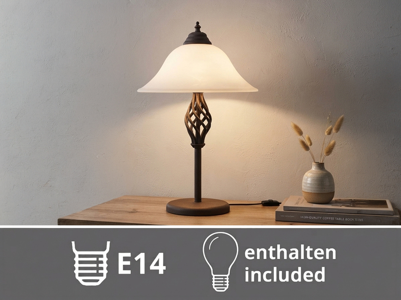 Große Tischleuchte im Landhausstil Rostoptik mit Glasschirm & E14 LED, Höhe 50cm