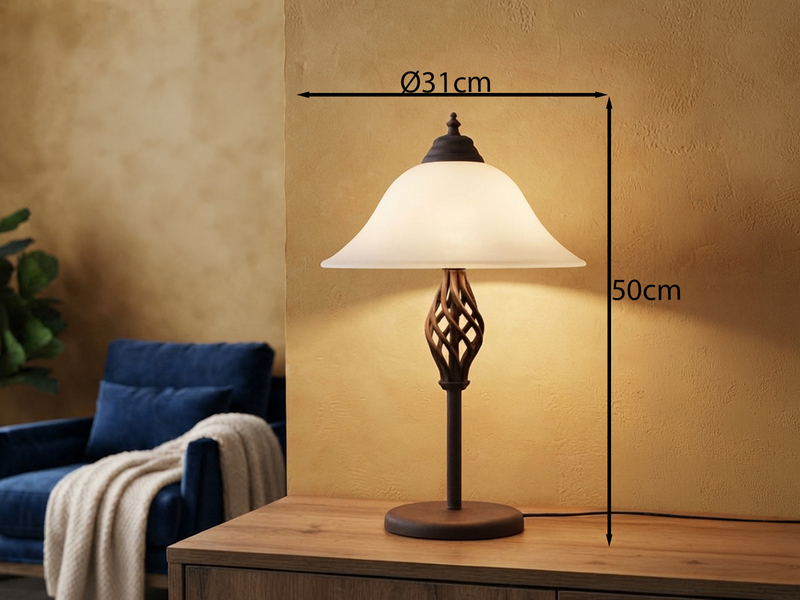 Große Tischleuchte im Landhausstil Rostoptik mit Glasschirm & E14 LED, Höhe 50cm
