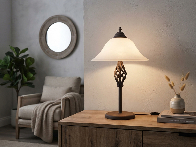 Große Tischleuchte im Landhausstil Rostoptik mit Glasschirm & E14 LED, Höhe 50cm