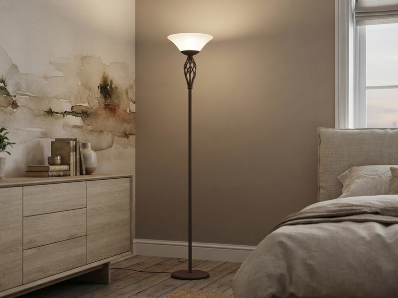 Deckenfluter Landhausstil Rostoptik mit Glasschirm Weiß & E27 LED, Höhe 180cm