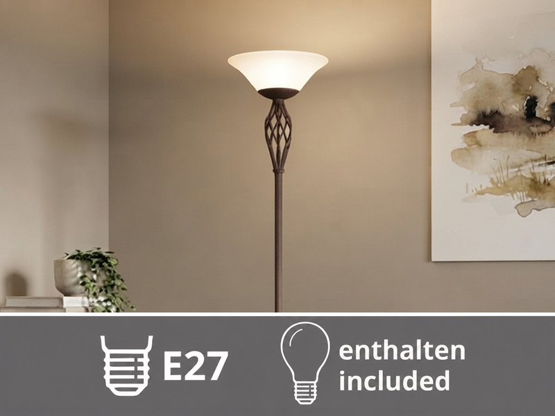Deckenfluter Landhausstil Rostoptik mit Glasschirm Weiß & E27 LED, Höhe 180cm