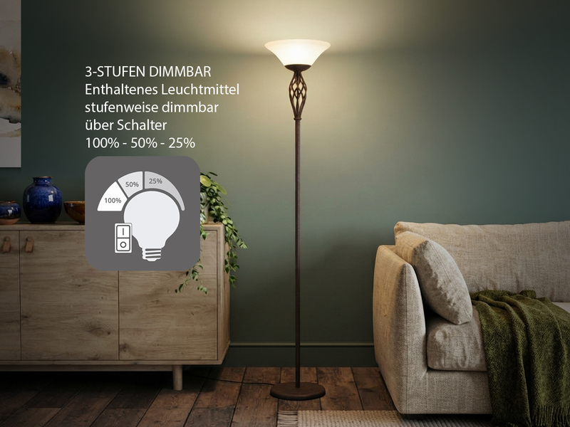 Deckenfluter Landhausstil Rostoptik mit Glasschirm Weiß & E27 LED, Höhe 180cm