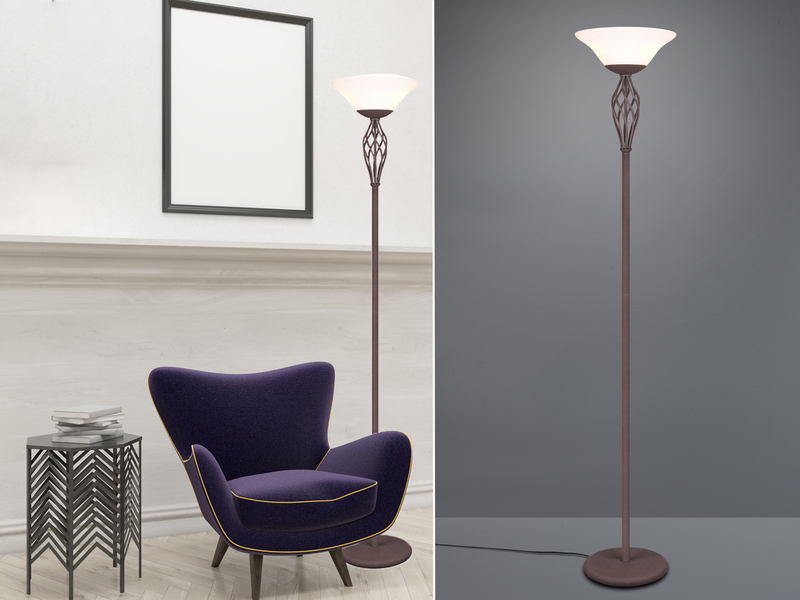 Deckenfluter Landhausstil Rostoptik mit Glasschirm Weiß & E27 LED, Höhe 180cm