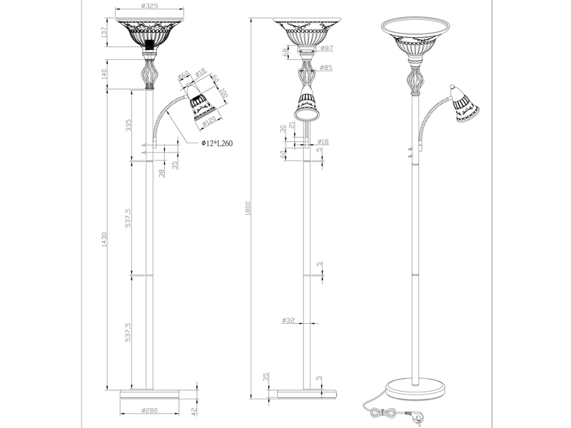 LED Deckenfluter mit Leselampe im Landhausstil, Rostoptik Höhe 180cm